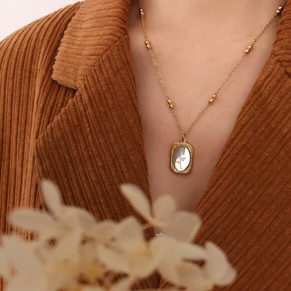 Two-Toned Gold and Silver Embossed Mirror Rose Pendant Necklace - Picture 9 of 11